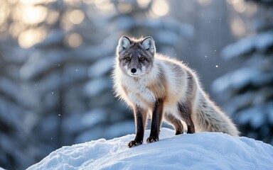 Obraz premium Arctic Fox Portrait on Snowy Hill with Winter Forest Backdrop