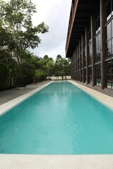 Outdoor swimming pool and green plants near building at luxury resort