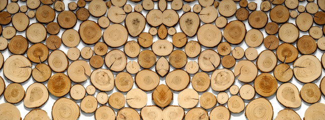 Wood circles pattern of cutted tree trunks. The round pieces are of different sizes