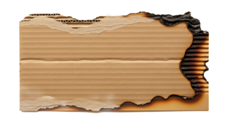 Burnt torn corrugated cardboard piece isolated on transparent background for packaging design texture overlay or grunge effect

