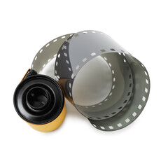 Roll of photographic film isolated on white, top view