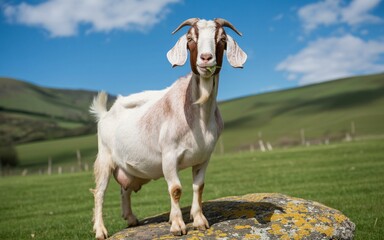 Fototapeta premium Majestic Goat with Horns and Beard Enjoying a Green Leaf on a Sunny Day