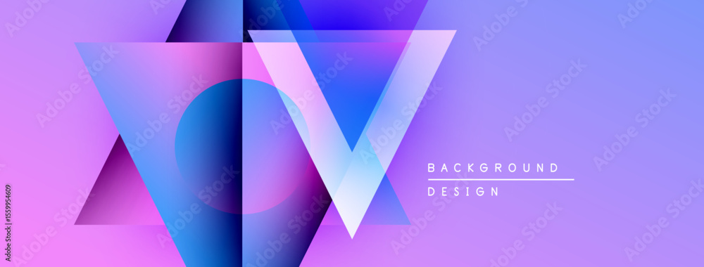 Poster abstract geometric design. overlapping triangles create vibrant letter v shape. gradient purple, blu