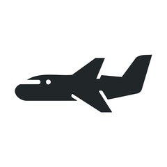 Black airplane silhouette icon on white background.