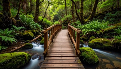 Renewable wooden footbridge over a crystal stream, surrounded by undisturbed flora and moss-draped boulders