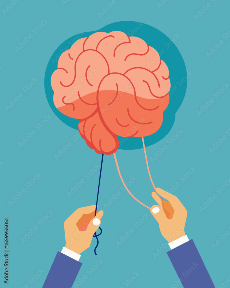 Poster a brain being stretched and pulled like taffy guided by a pair of skilled and precise hands.. vector