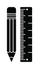 Black silhouette of a pencil and a ruler on a white background