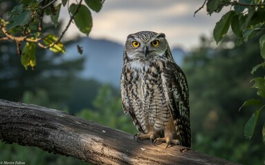 Obraz premium Majestic Spotted Eagle-Owl Perched on Branch, Intense Gaze, Golden Eyes, Forest Backdrop