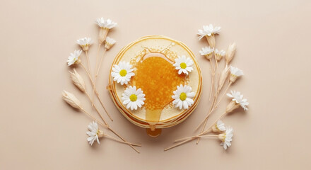 Stack of pancakes with honey and daisy flowers on a beige background flat lay top view food photography
