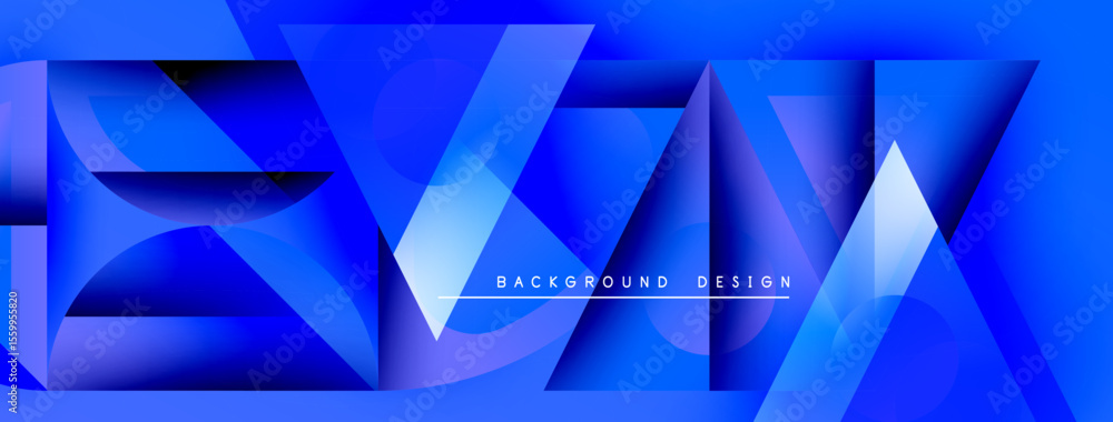 Poster abstract blue design features geometric shapes, gradients, text reading background design. modern, v