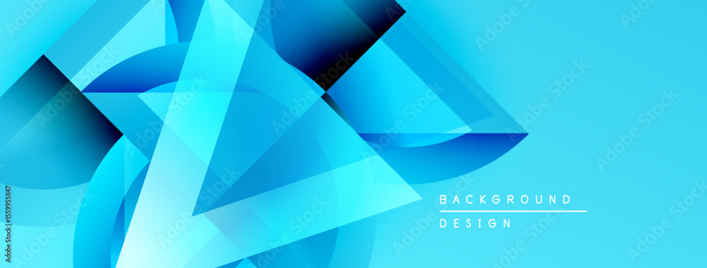 Poster Abstract geometric shapes overlap, creating dynamic blue gradient background. Modern design elements suggest innovation, technology.