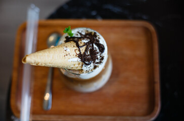 Close up of a cup of ice cream dessert