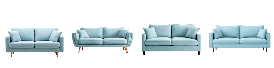 Modern Light Blue Sofa Set on White Background, Studio Shot