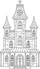 Naklejka premium Haunted House Line Art - Spooky Mansion Vector Illustration