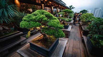 Bonsai Display on Terrace: Exquisite bonsai trees meticulously arranged on a wooden terrace with cityscape background.