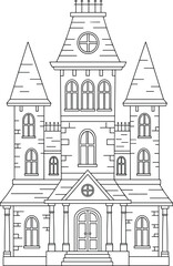 Haunted Mansion Line Art Vector – Spooky Gothic Castle Illustration in Black Outline Style