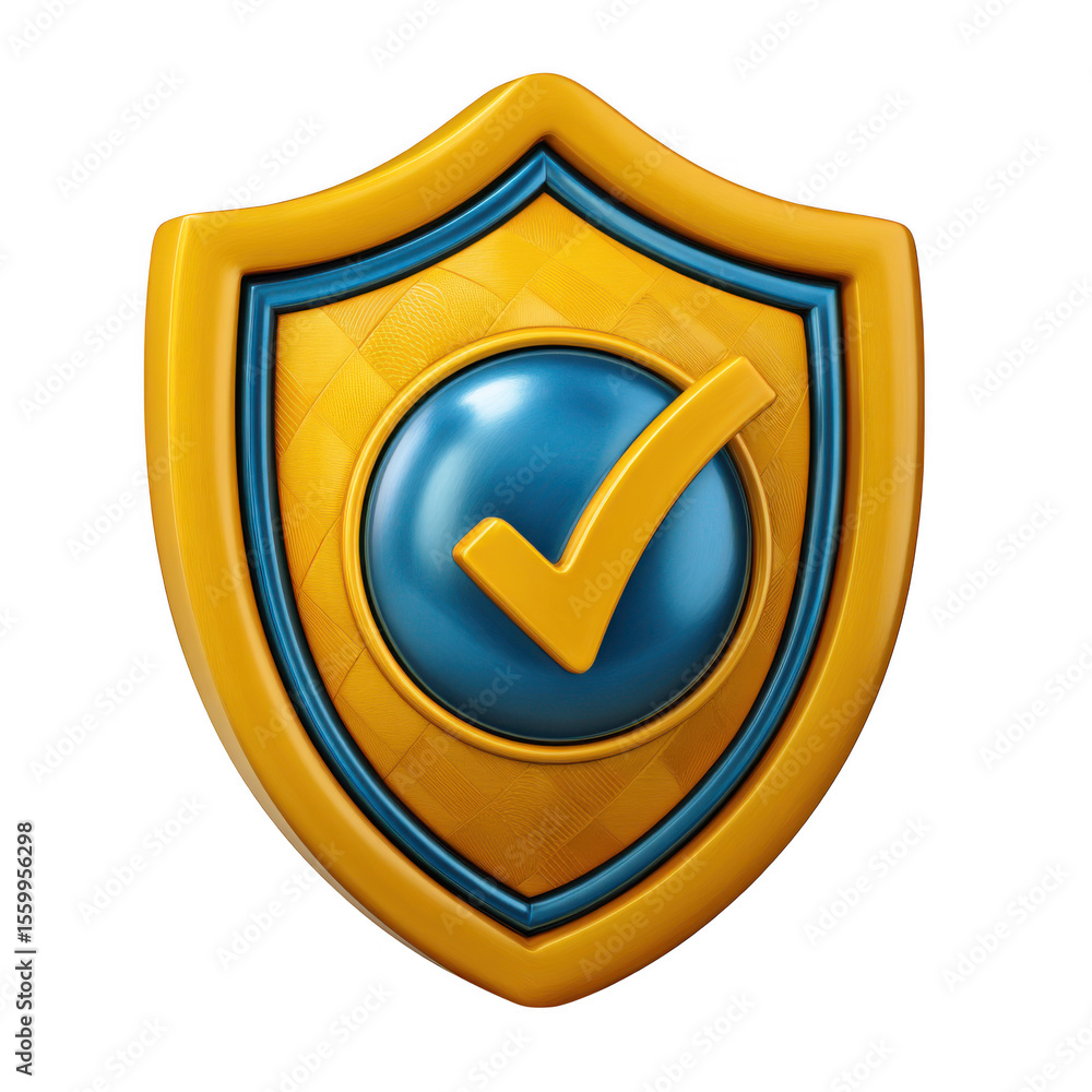 Poster golden shield with blue checkmark and orb emblem symbolizing security and approval isolated on trans