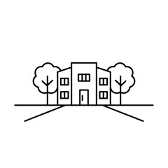 Modern minimalist line art illustration of a house with trees and a lawn