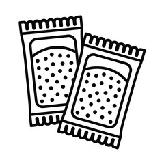 Two stylized black and white line art drawings of individually wrapped candy bars