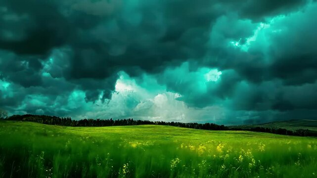 Intense thunderstorm with lightning illuminating dark clouds over a green field at dusk, Thunderstorm with lightning and dark clouds over a green field