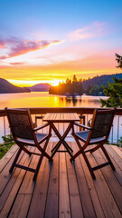 Fototapeta premium Tropical sunset over the ocean from a beachside cafe terrace, with chairs and tables set for a relaxing summer vacation view
