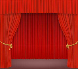Rich red stage curtains are parted slightly, background curtain, decorative golden ropes, performance, cinema, celebration, theatrical presentation