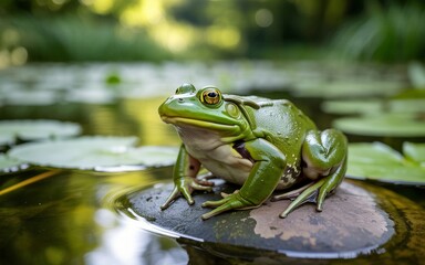 Obraz premium Majestic Green Frog Perched on Stone Amidst Lily Pads and Calm Water