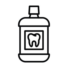 Line art icon of a bottle of mouthwash with a tooth symbol on the label