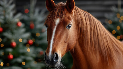Beautiful horse with flowing mane stands in front of festive evergreen trees adorned with colorful ornaments, capturing the spirit of the new year celebration