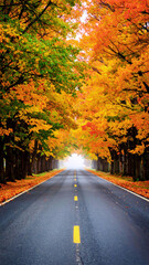 Obraz premium An enchanting asphalt road winds through a vibrant autumn forest, its trees ablaze with yellow and green foliage under a vast sky, inviting travel through the serene fall landscape