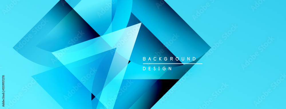 Poster Abstract blue geometric shapes overlap, creating dynamic background. Modern design features gradients, lines, text elements.