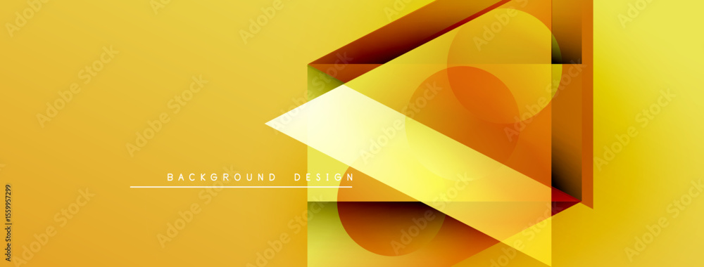 Poster Abstract geometric composition. Yellow, orange hues dominate design. Overlapping shapes create dynamic visual effect. Modern style.