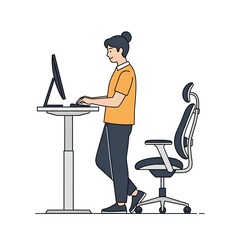 Person works standing at a modern adjustable height desk with computer near office chair for healthy ergonomic posture at workplace.