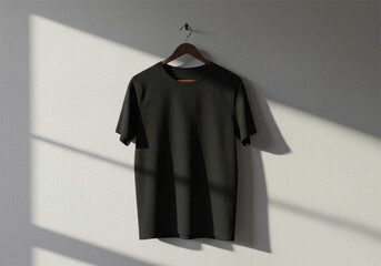 Black t shirt hanging on hanger against a light gray wall
