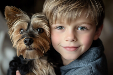 Generative AI image of a thoughtful child and loyal dog sharing a peaceful moment in a serene outdoor field