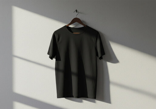 Black t shirt hanging on hanger against a light gray wall