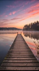 Fototapeta premium Wooden pier stretching into a tranquil lake reflecting a colorful sunrise sky with trees in the background