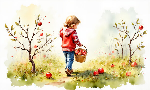 Child carrying basket of apples walks through orchard. Little toddler in red jacket picks ripe red apples in autumn garden. Adorable child collecting apples for apple salvation theme. - Powered by Adobe