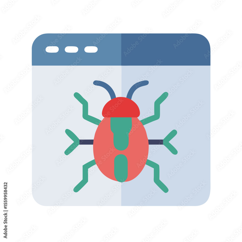 Poster flat style bug on screen icon representing malware or software error