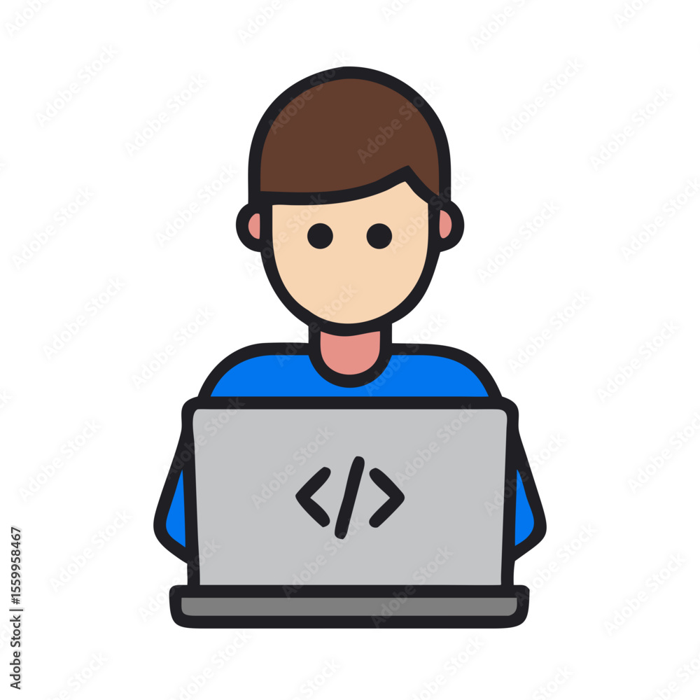 Poster flat style programmer with laptop and code symbol isolated illustration