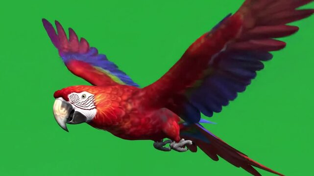 Ultra realistic parrot flying with colorful feathers spread, solid green screen background