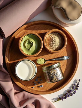 Flat lay of matcha paste, maca powder, flax seeds, almond milk, and herbal adaptogens on wooden tray, with folded yoga mat, silk eye mask, and dried lavender in warm sunset light, embodying calm femin