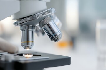 Fototapeta premium Laboratory Technician Conducts Analysis Using a Microscope in a Lab