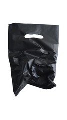 Crumpled blank mockup black plastic groceries bag with a handle hole isolated on transparent...