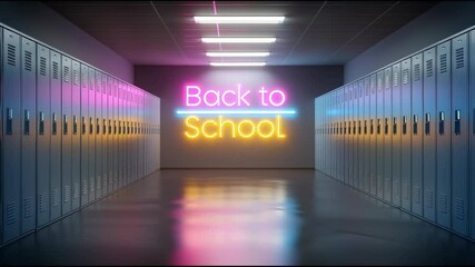 Back to School neon sign in glowing pink, blue, and yellow colors on modern hallway with lockers, retro style - Powered by Adobe