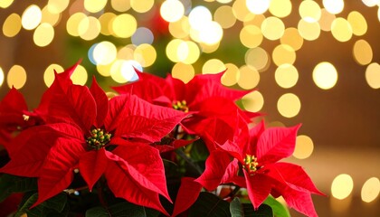 Red poinsettia flowers with Christmas lights.
