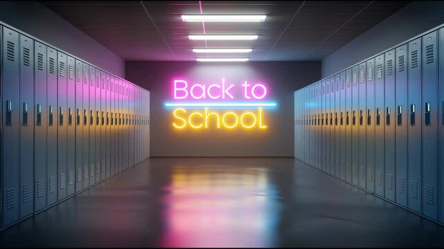 Back to School neon sign in glowing pink, blue, and yellow colors on modern hallway with lockers, retro style