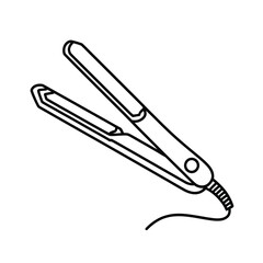 Simple black line drawing of an open hair straightener on a white background