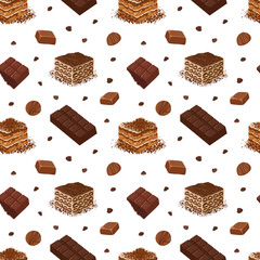 Seamless pattern with tiramisu slices, chocolate bars and candy. Hand drawn vector sweets background for dessert packaging, textile print, wrapping design, menu visual and cafe branding