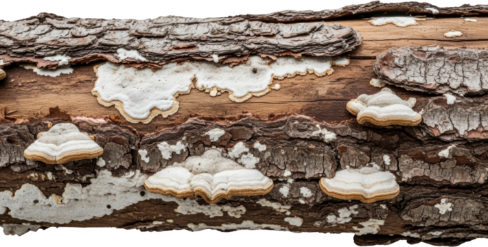 Tree trunk with layered bracket fungi and textured bark isolate mushroom